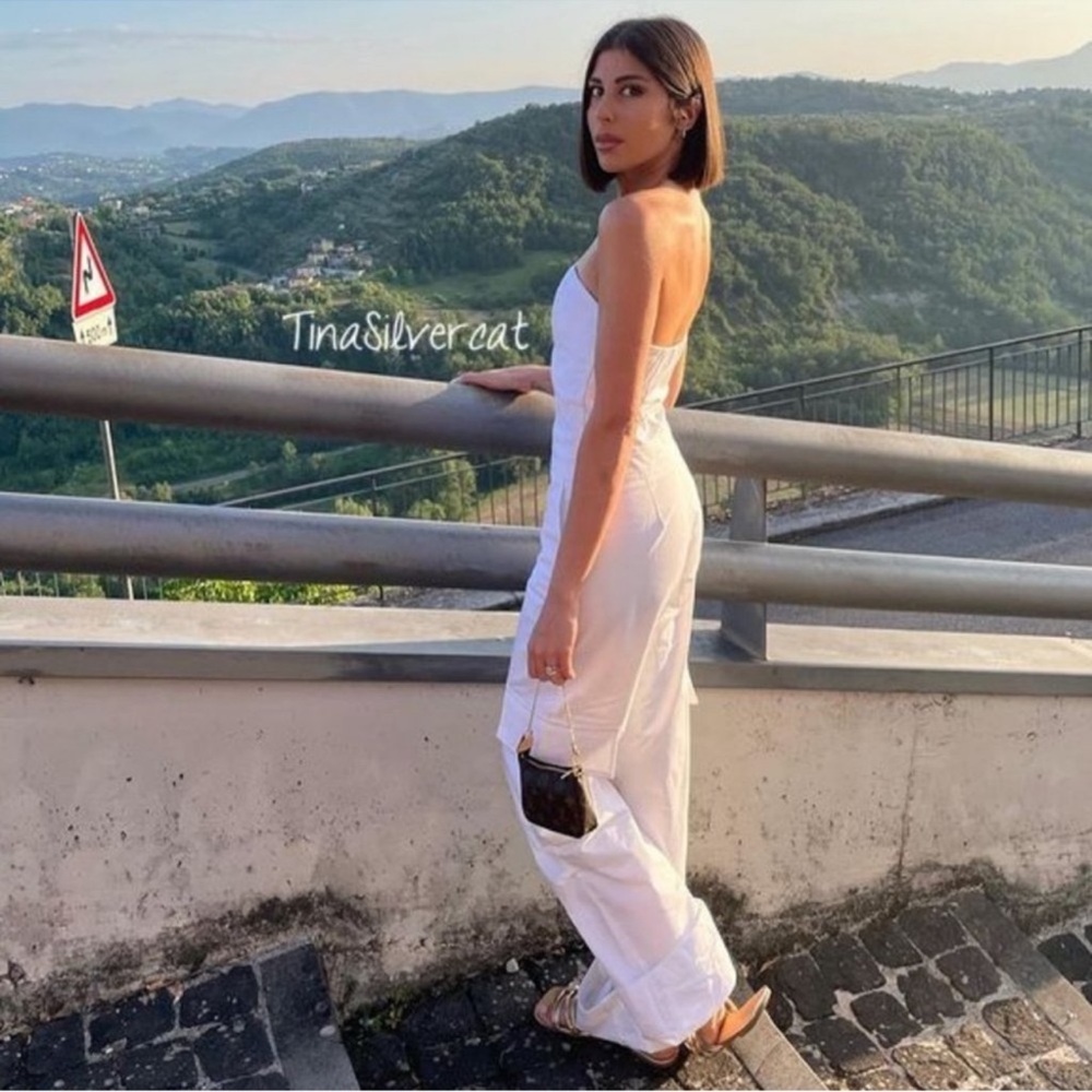 Zara strapless high waist straight leg jumpsuit bloggers fave
